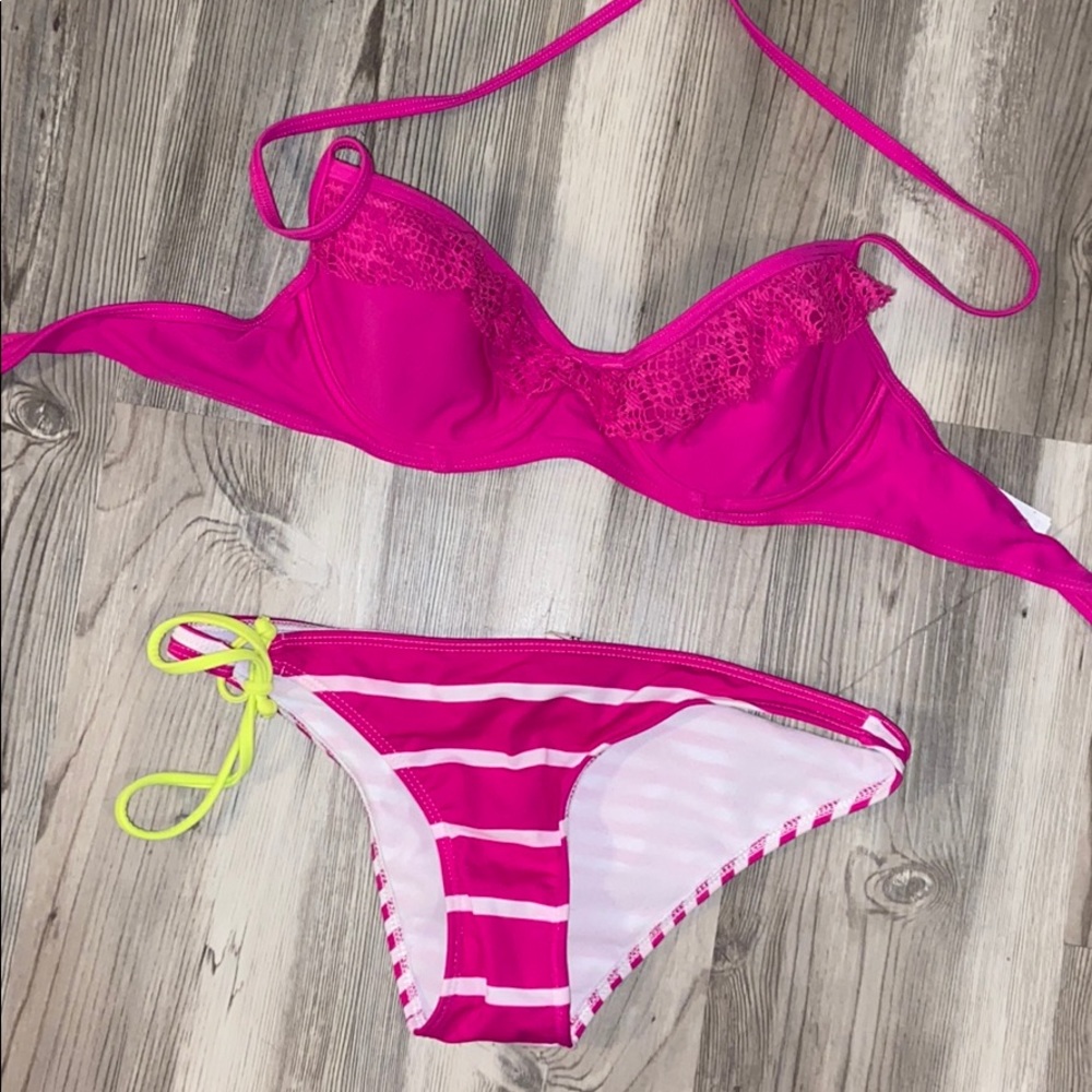 Hot Pink Bikini Top with Striped Bottoms